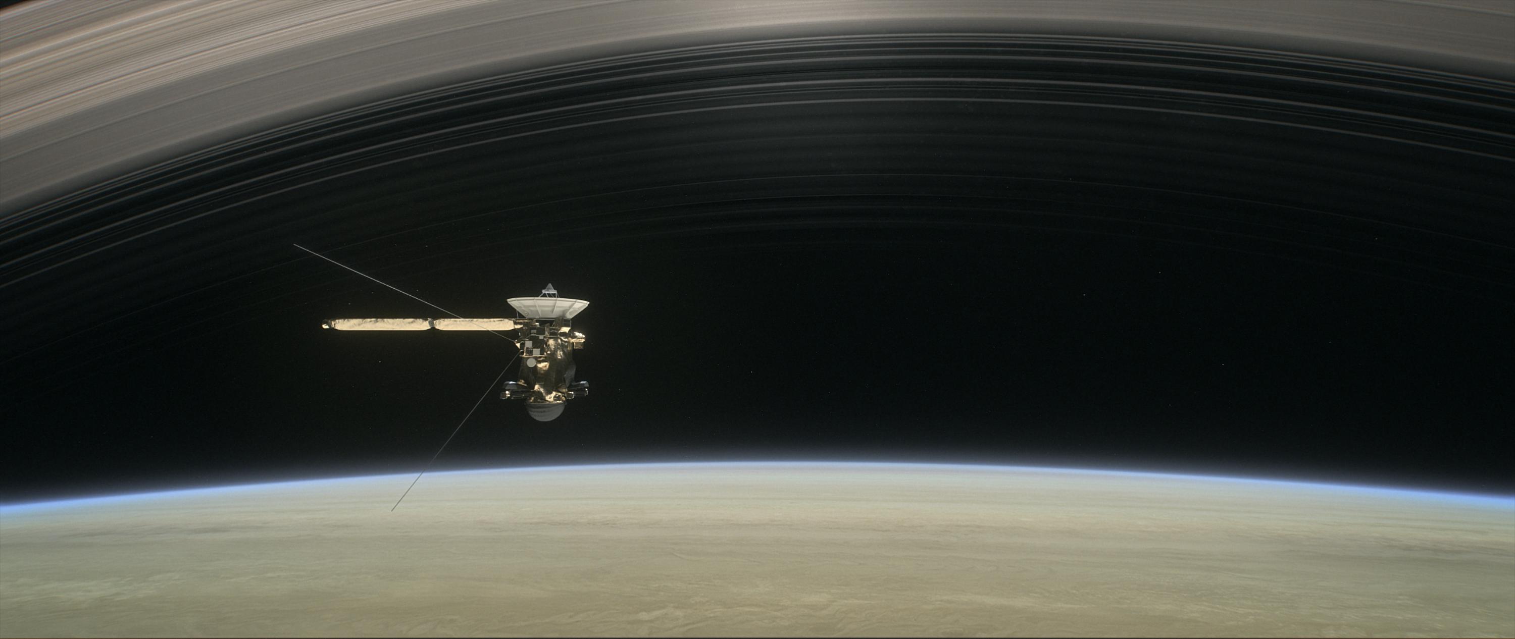 Illusztráció a Cassini áthaladására a Szaturnusz és gyűrűi között. Forrás: NASA/JPL