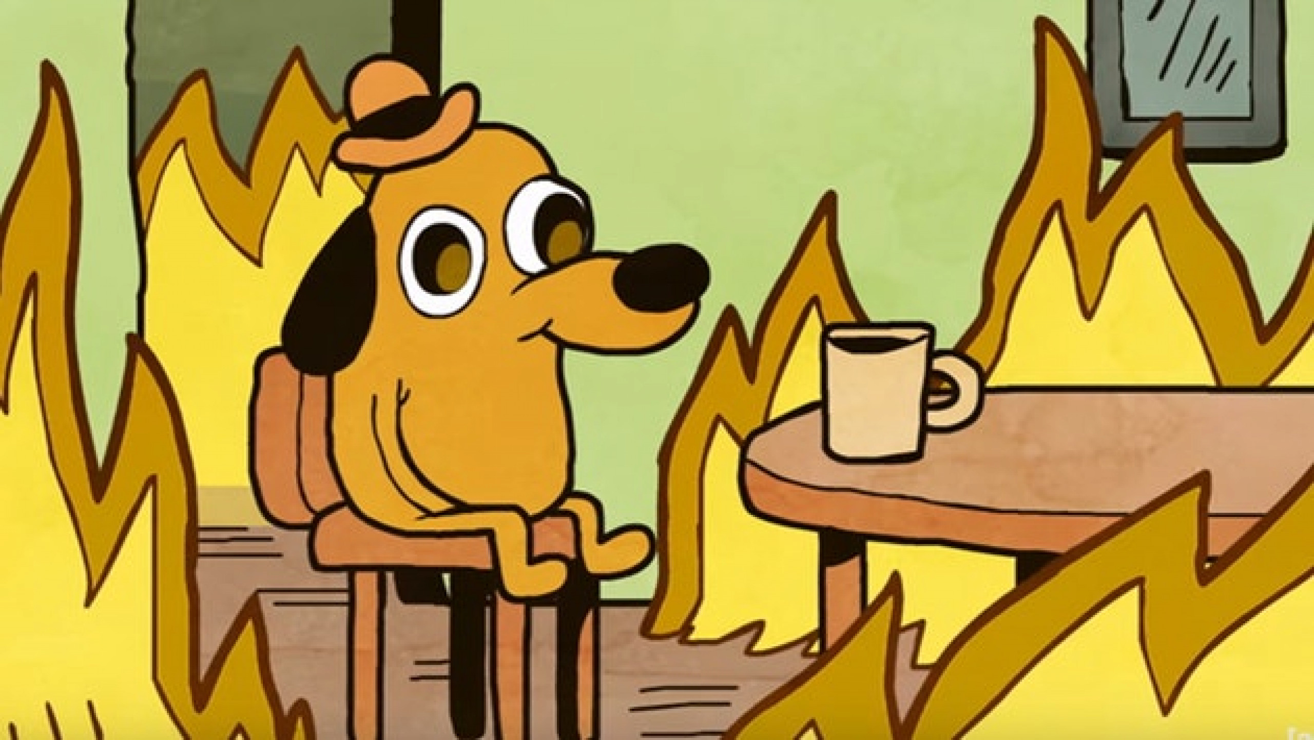 Все нормально пою. Собака в горящем доме. Собачка в огне. Пес в огне. Желтый пес в горящем доме.