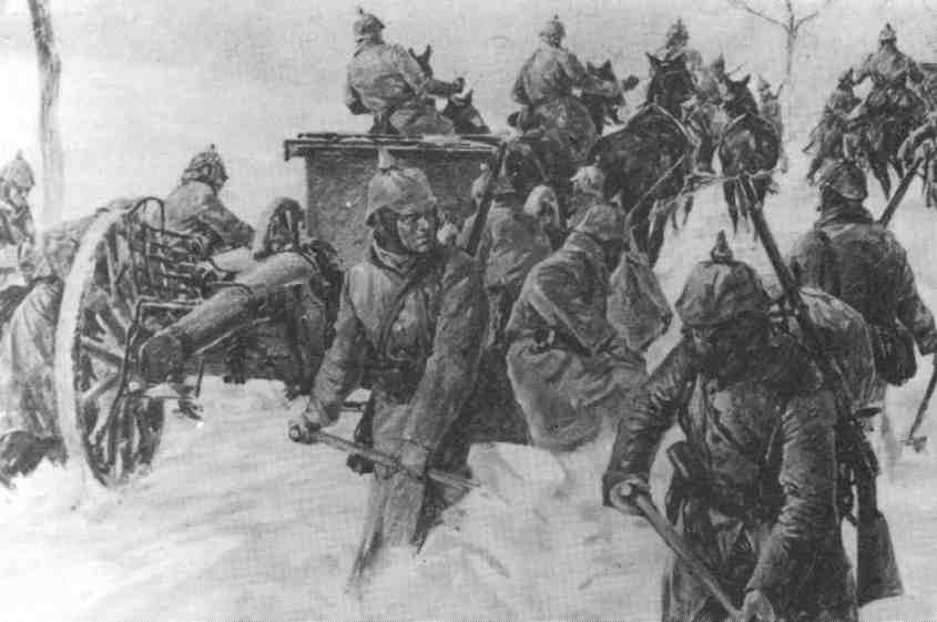 Téli harc az első világháború keleti frontján, talán Limanováról szól az ábrázolás