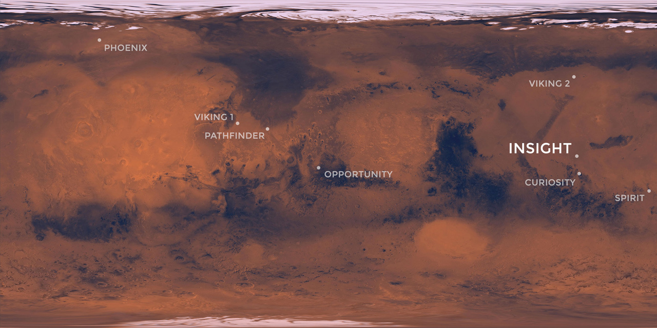 Az InSight a Curiosity marsjáróhoz viszonylag közel, az Elysium Planitia síkságon landol majd. Forrás: NASA/JPL