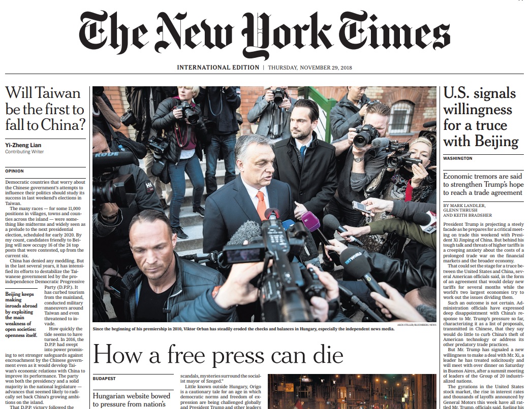 A nemzetközi New York Times címlapsztorija lett az Origo orbánista megszállásáról szóló cikk