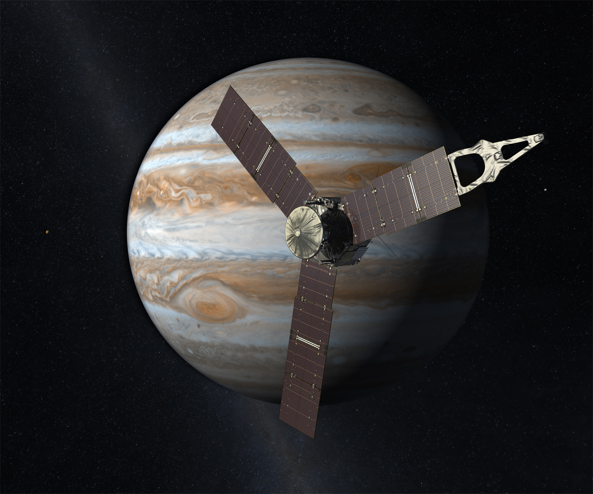 A Juno-űrszonda a Jupiternél. Illusztráció. Forrás: NASA/JPL