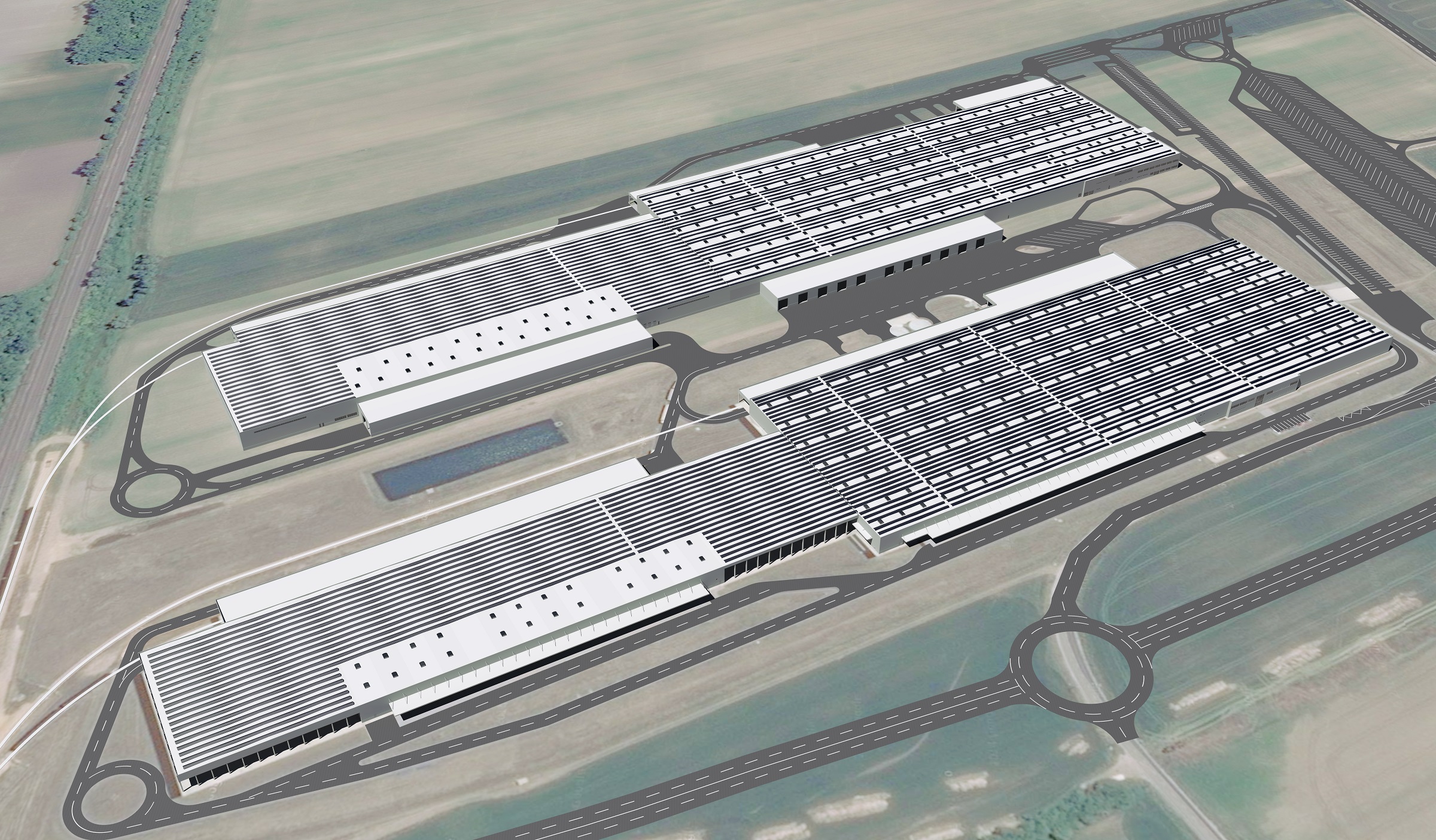 Az Audi Hungaria két logisztikai központjának tetején létesítendő naperőműpark látványterve