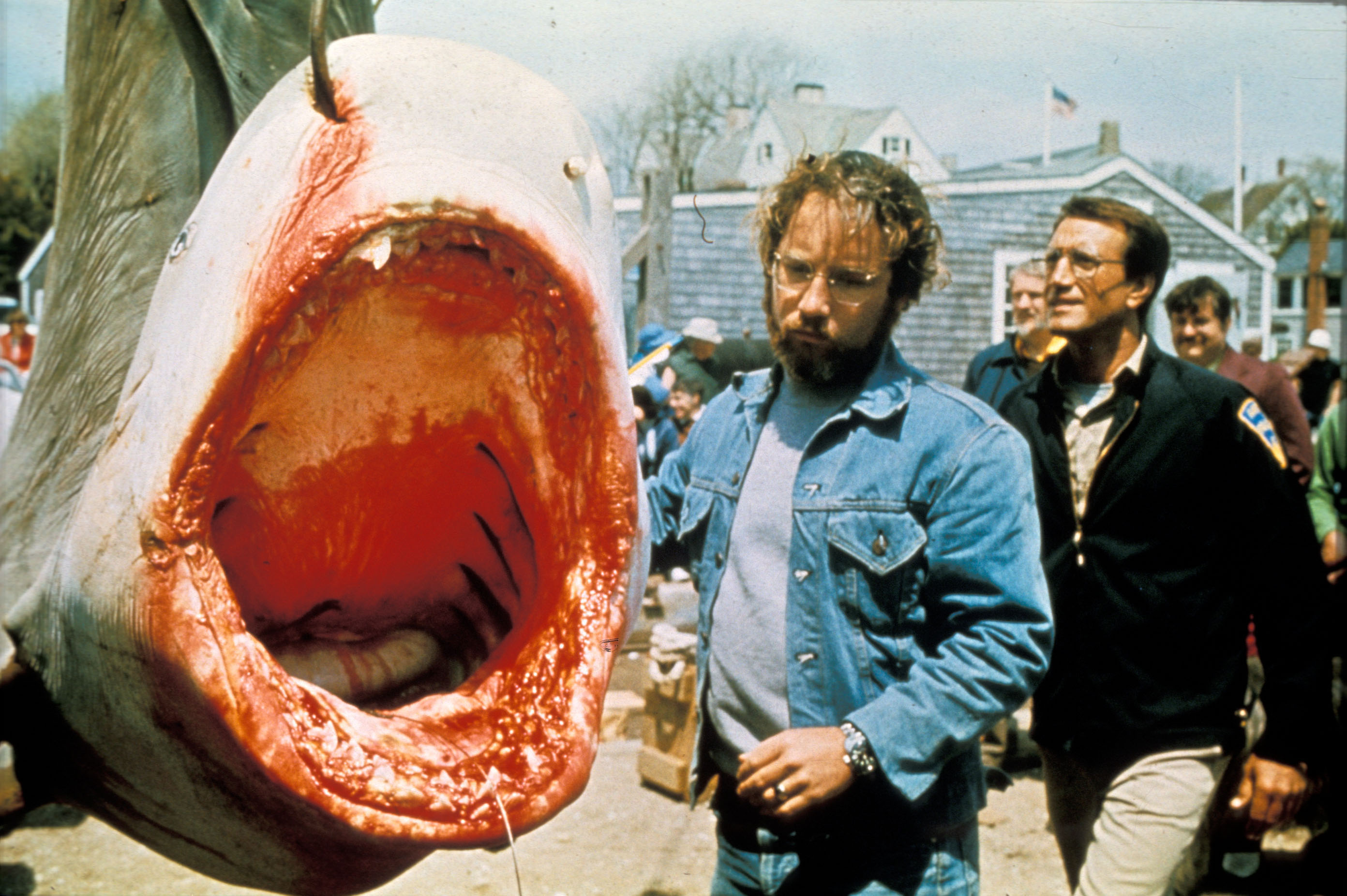Richard Dreyfuss és Roy Scheider az 1975-ös A cápa forgatásán