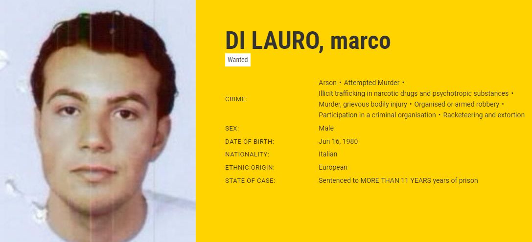 Marco Di Lauro az Europol körözési adatbázisában
