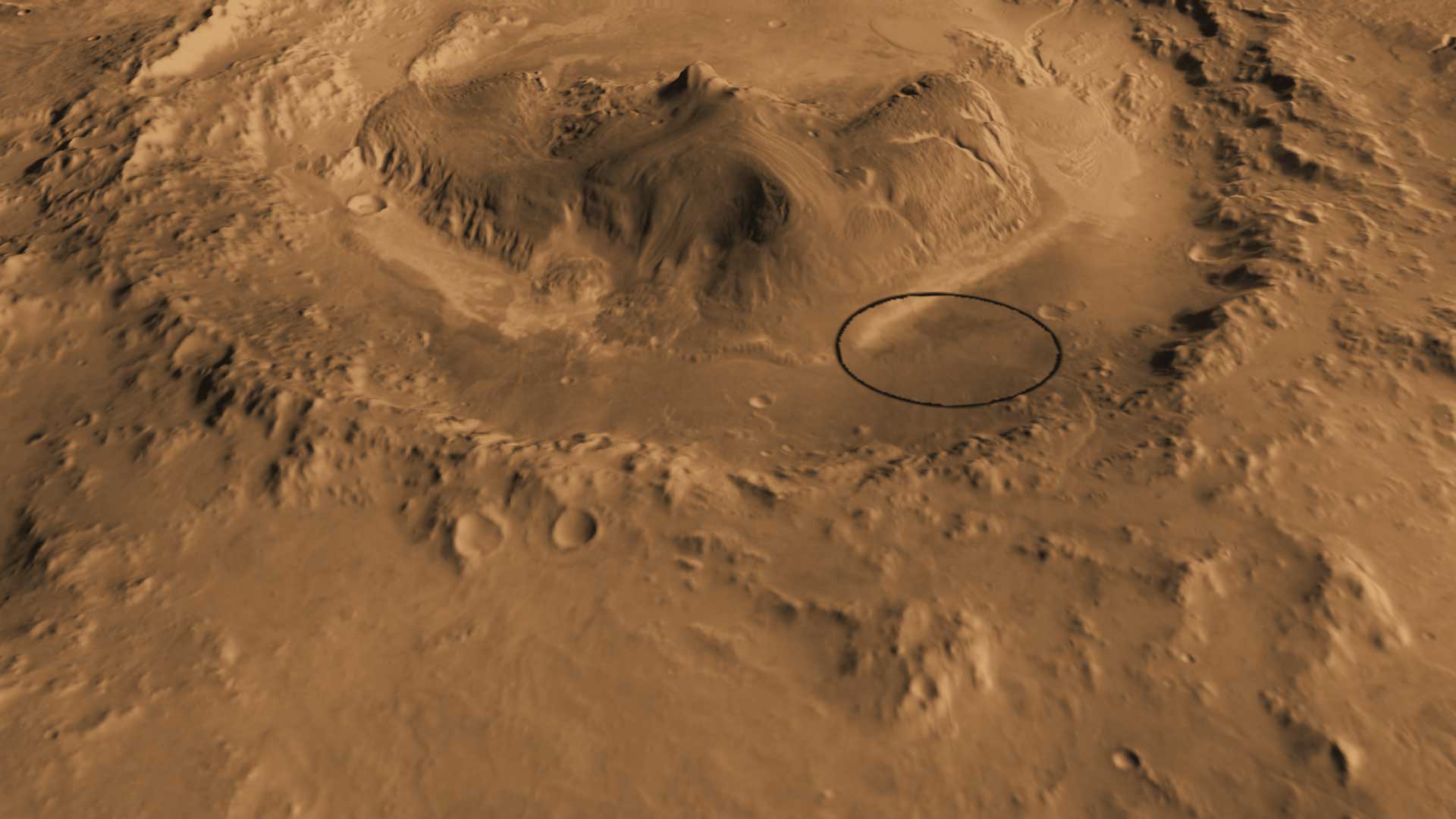 A Gale-kráter, a Curiosity leszállási ellipszisével.