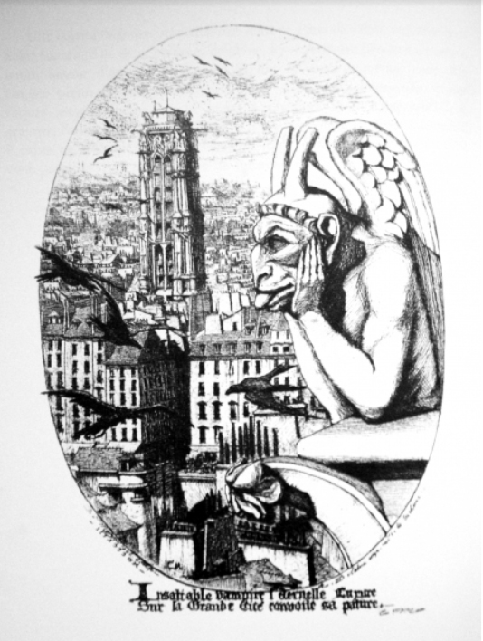 Charles Meryon: A vízköpő, 1853. 15,5 × 11,5 cm, rézmetszet, a Rézmetszetek Párizsról c. sorozat része