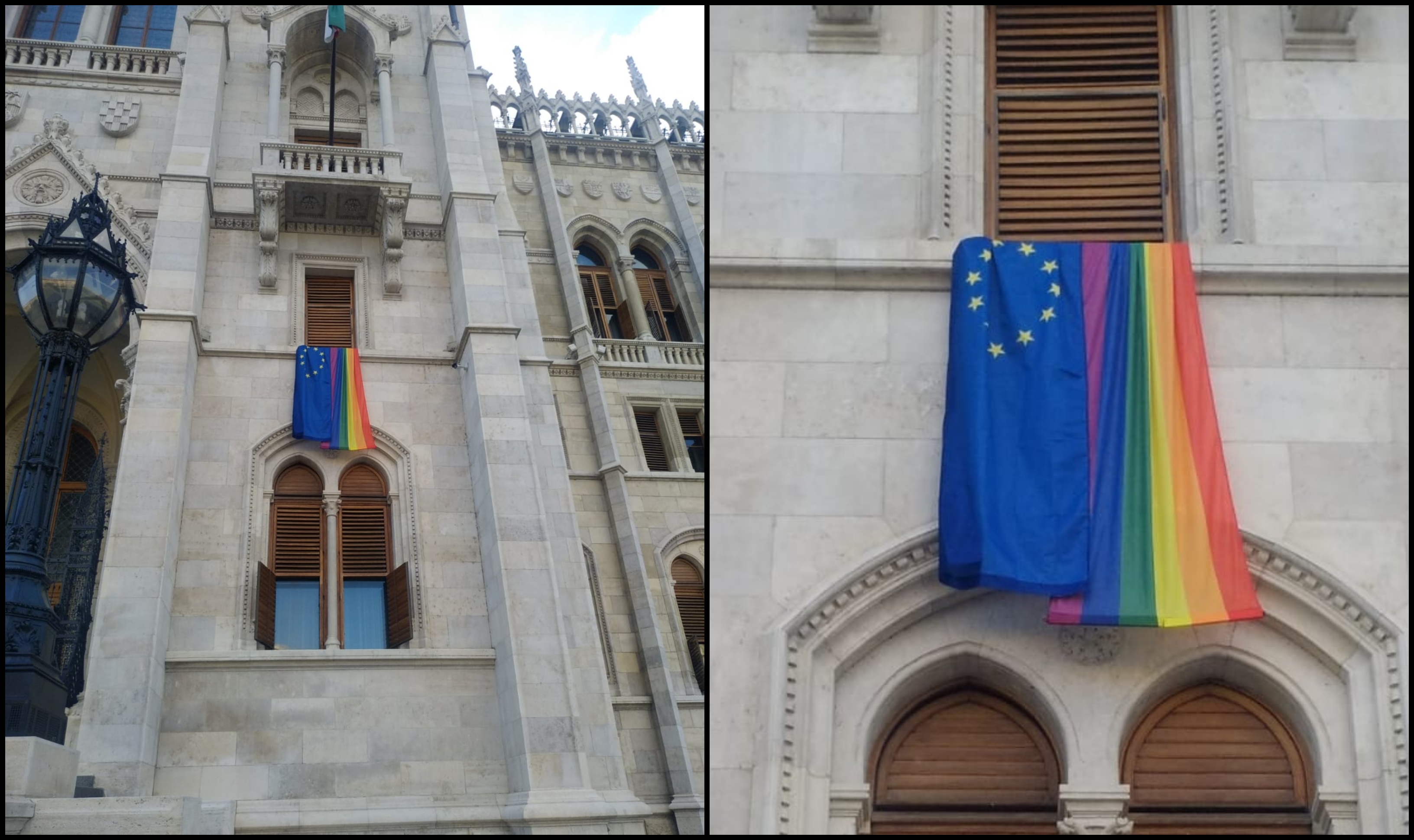 Szivárványos és az uniós zászló díszíti a parlament homlokzatát