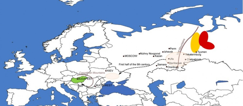 A térképen a korai magyarság feltételezett vándorlási útvonala látható régészeti adatokra alapozva. A sárga terület a manysi, a piros a hanti népcsoport mai elhelyezkedését jelzi. Az áttetsző rózsaszínnel jelölt területen ősmagyar régészeti leleteket találtak, és nagyjából ide tehető a Julianus barát által említett Magna Hungaria.