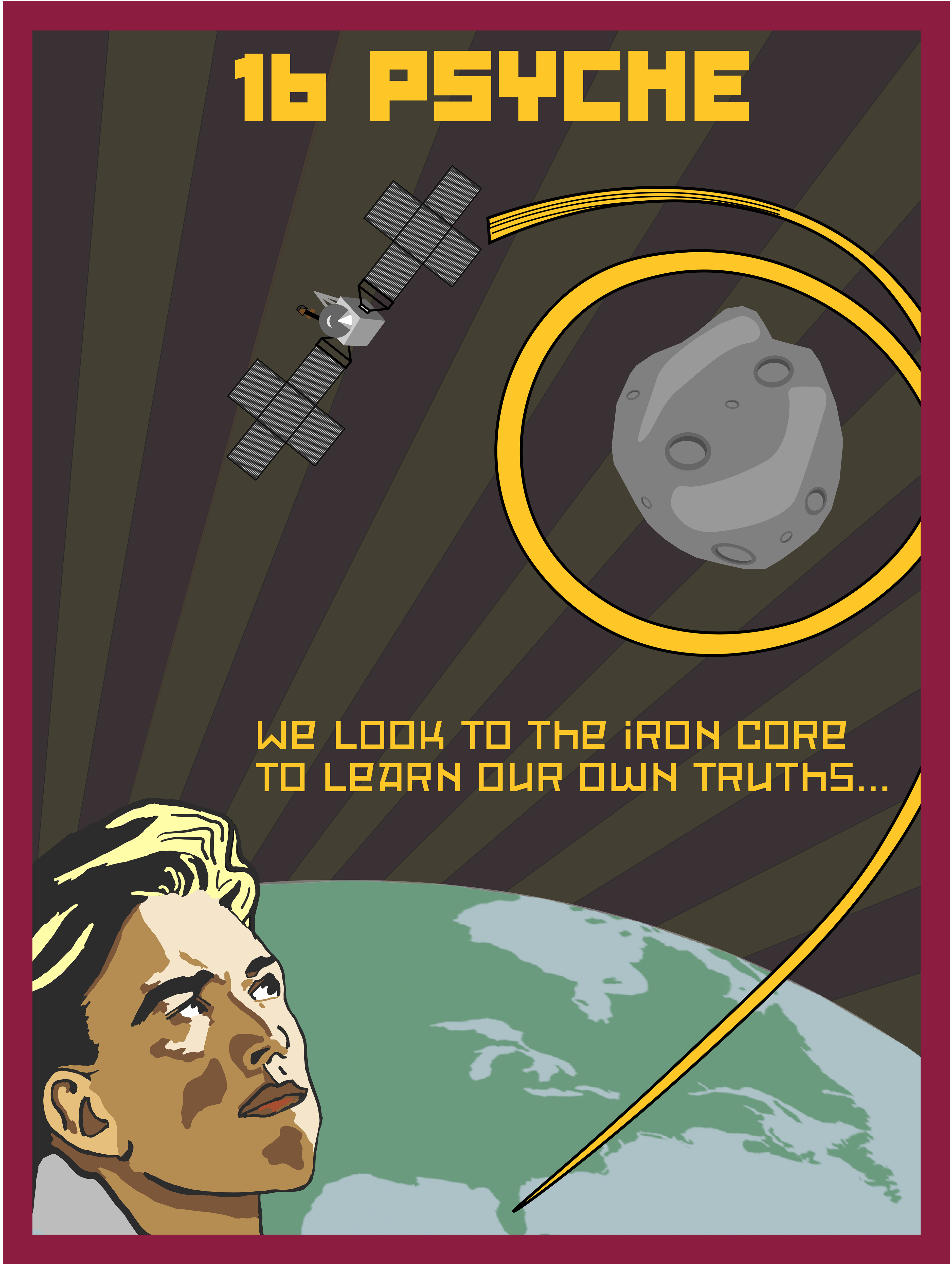 A NASA művészeti versenyének egyik nevezettje, a hidegháborús propagandaplakátok stílusában elképzelt Psyche-poszter