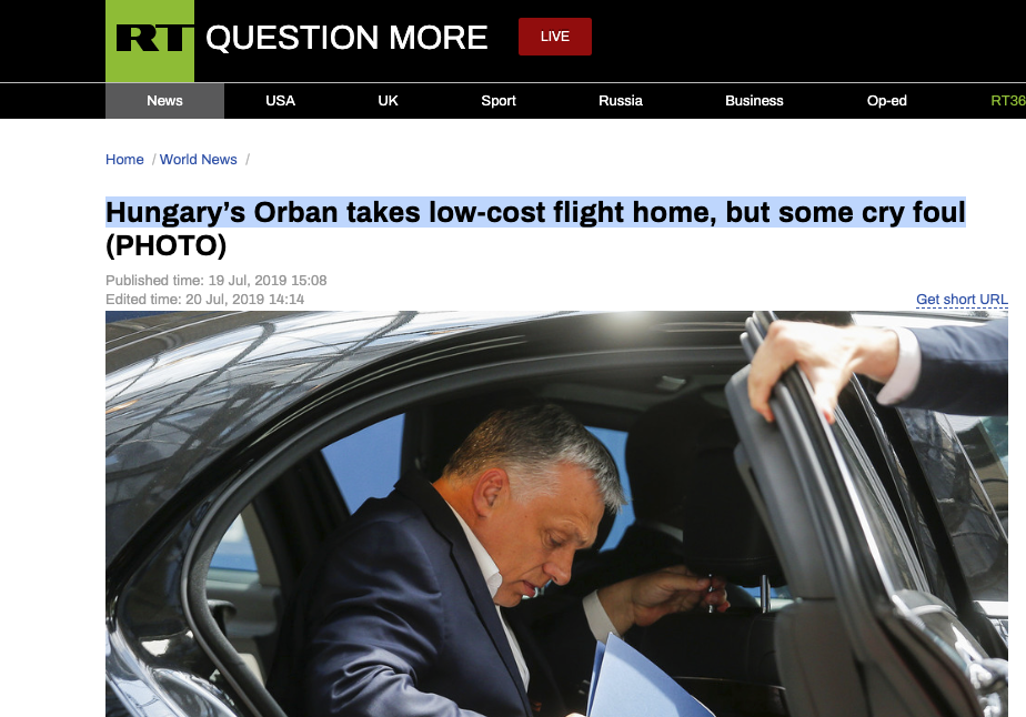 Az orosz kormánymédia Orbán wizzaires útjáról ír