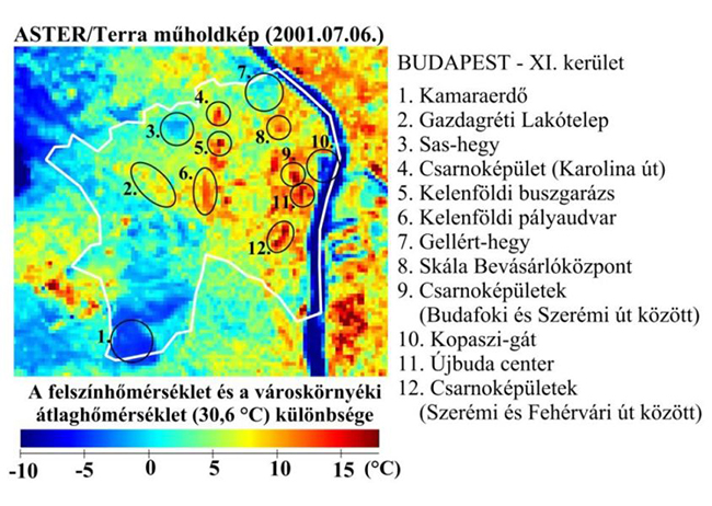A felszínhőmérséklet alapján beazonosítható hűvös és forró pontok Budapest XI. kerületének 90 m felbontású műholdképén – a tartós hőhullámok előtti korszakból