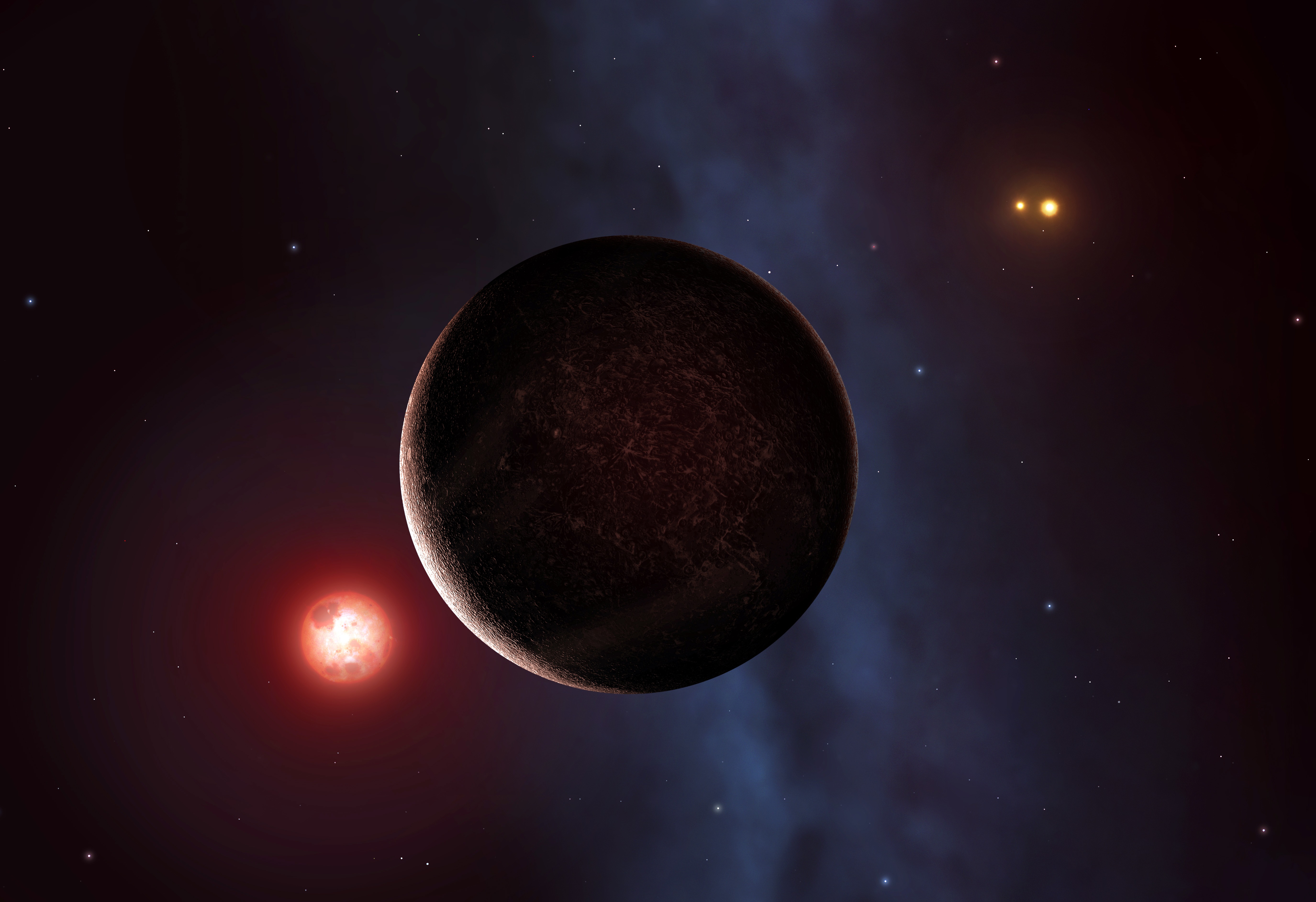 A Proxima Centauri és Föld-szerű közetbolygója háttérben a kettős csillagrendszert alkotó Alpha Centaurival