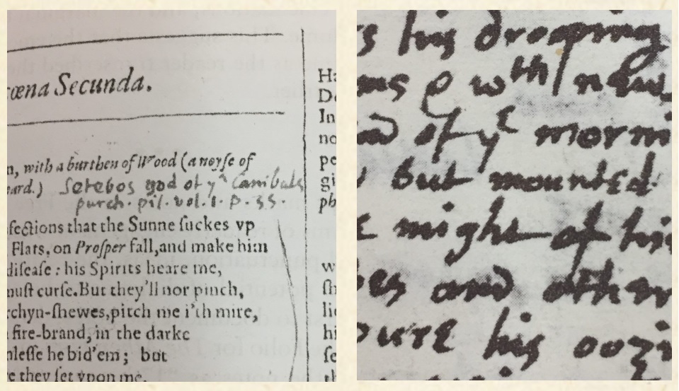 Az Első fólió titokzatos példánya a bal oldalon, mellette Milton egyik kézirata. A „the" szó sajátos írásmódja árulkodó.