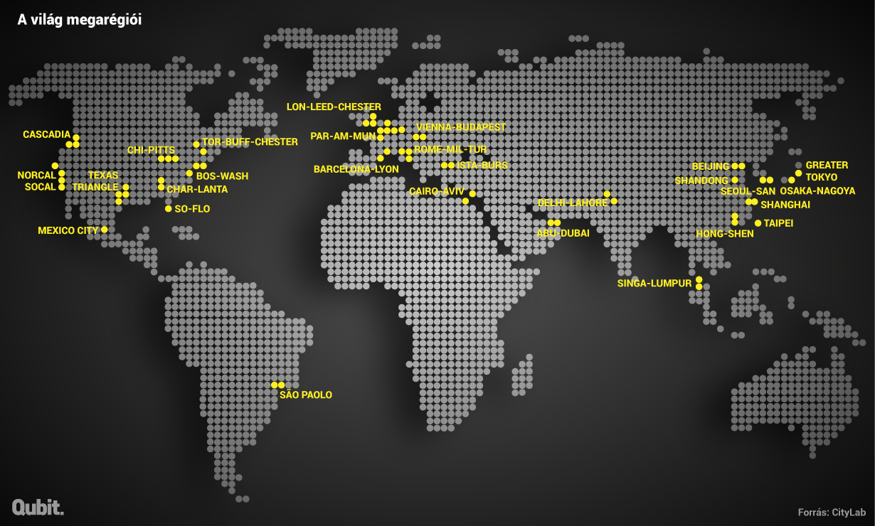 Térképen a világ 29 megarégiója, köztük a Bécs-Budapest tengely