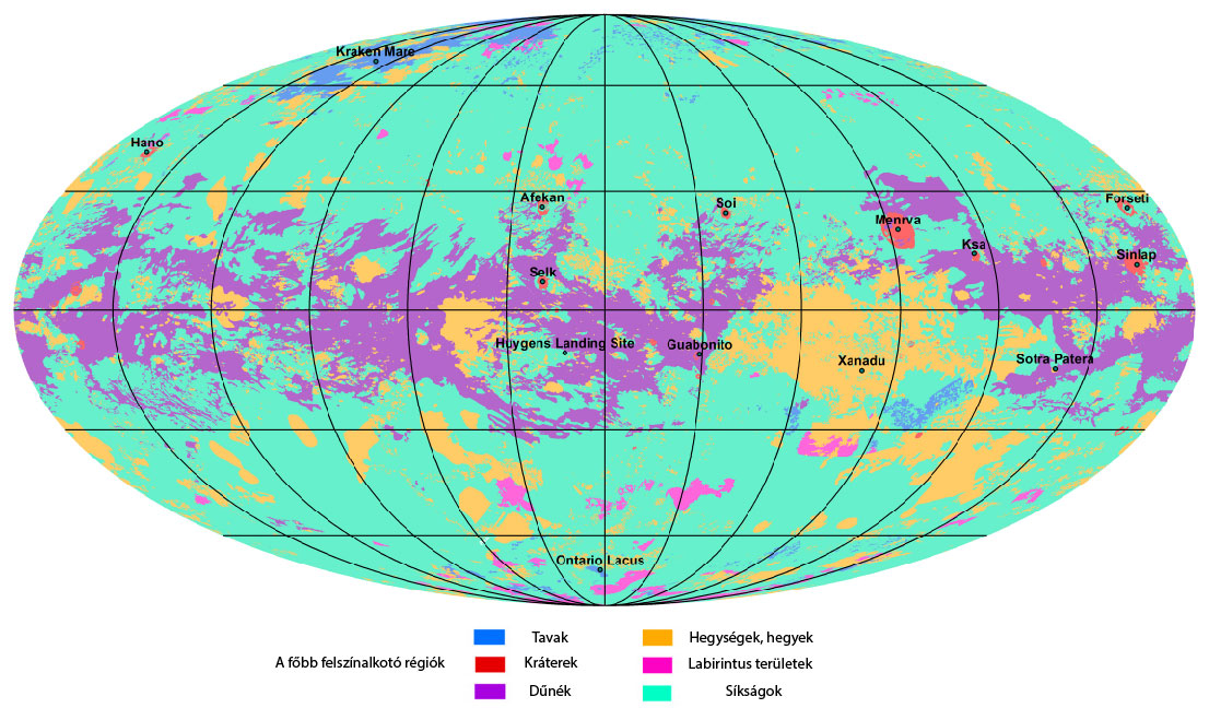 A Titán főbb felszíni régiót ábrázoló globális térkép