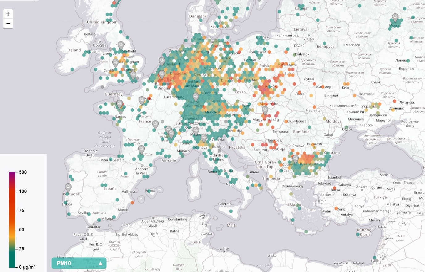 Európa szállópor-térképe 2020. január 20-án a Sensor Community oldalán