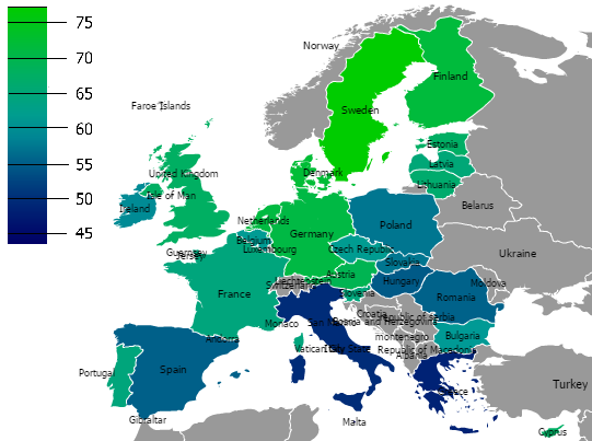 A dolgozóképes korú nők munkaerőpiaci részvétele a munkavállalók százalékában Európában, 2011-ben