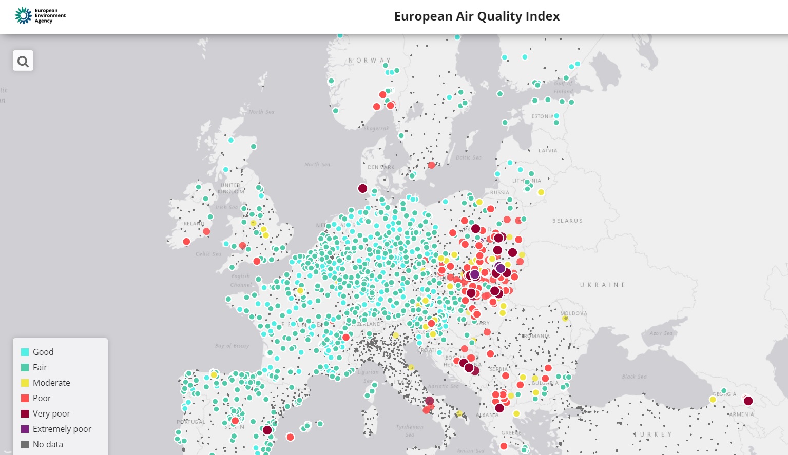 A hivatalos európai levegőminőségi mutatók 2020. január 20-án