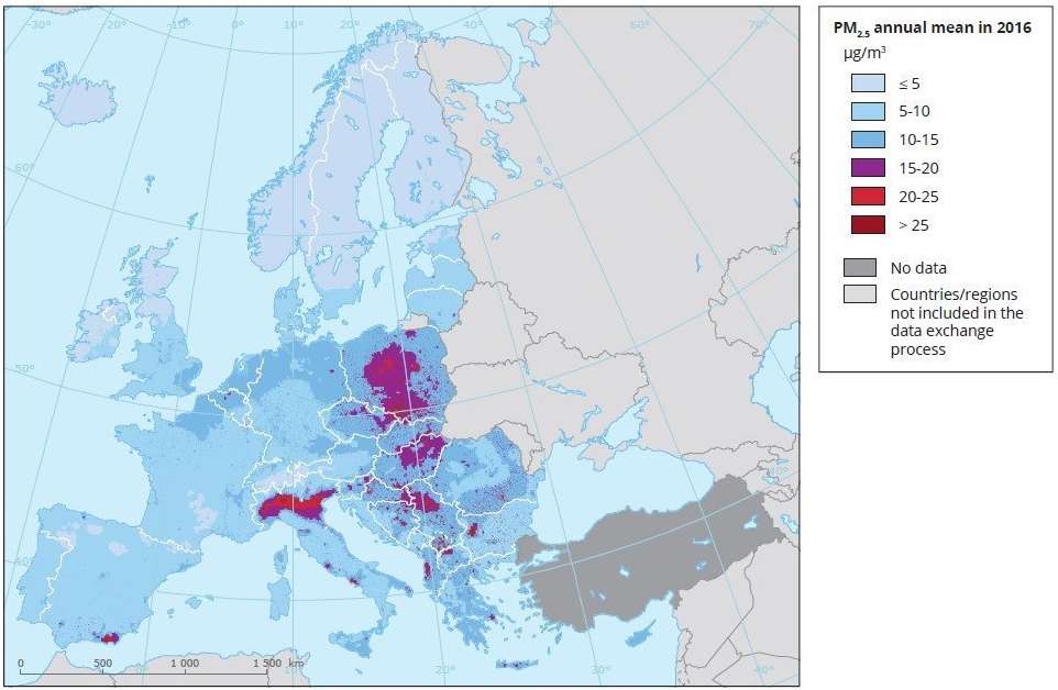 PM 2,5 szennyezettség Európában
