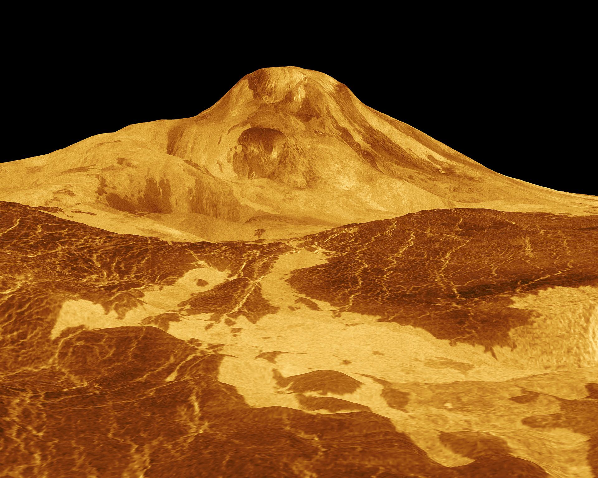 A NASA Magellan-űrszondájának radaros méréseiből készült modell a Maat Mons vénuszi vulkánról.