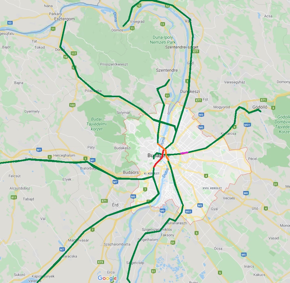 Az ábrán a piros árnyalatú vonalak a szövegben említett három vasúti fejlesztést szemléltetik elnagyolva (piros: Nyugati-Kelenföld vasúti alagút, narancs: az M5 központi része, lila: M2G összekötés), a zöld vonalak pedig azt a hálózatot, amelynek mentén fekvő területek összeköttetése a belvárossal óriási mértékben javulna az alsó hangon 1000-1200 milliárd  forintba kerülő vasúti fejlesztésekkel. Ezért feltehetően újabb tömegek költöznének ki az agglomerációba, és még jobban szétterülne a város.
