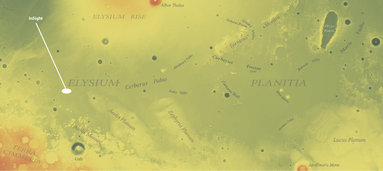 Az InSight leszállóhelye, az Elysium Planitia síkság. A térkép közepéhez közel látható a Cerebrus Fossae régió.