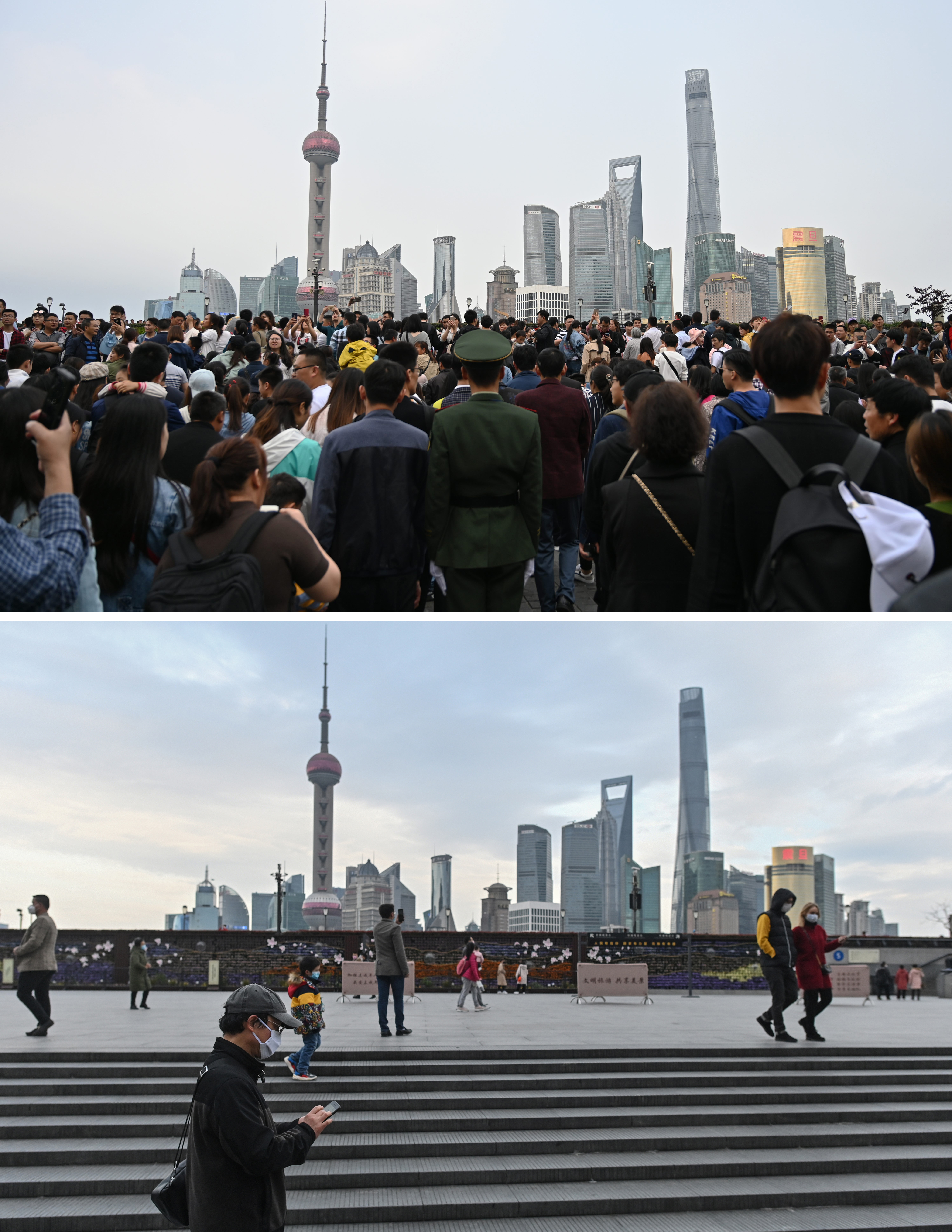 (COMBO) This combination photo created on March 8, 2020 shows people visiting the promenade on the Bund along the Huangpu River during the May Day holiday in Shanghai on May 1, 2019 (top) and people wearing facemasks, amid concerns of the COVID-19 novel coronavirus, along the Bund in Shanghai on March 8, 2020. (Photo by Hector RETAMAL / AFP) / To go with a package of 14 combination pictures, search on www.afpforum.com: 'ASIA-CHINA-HEALTH-VIRUS-COMBO'