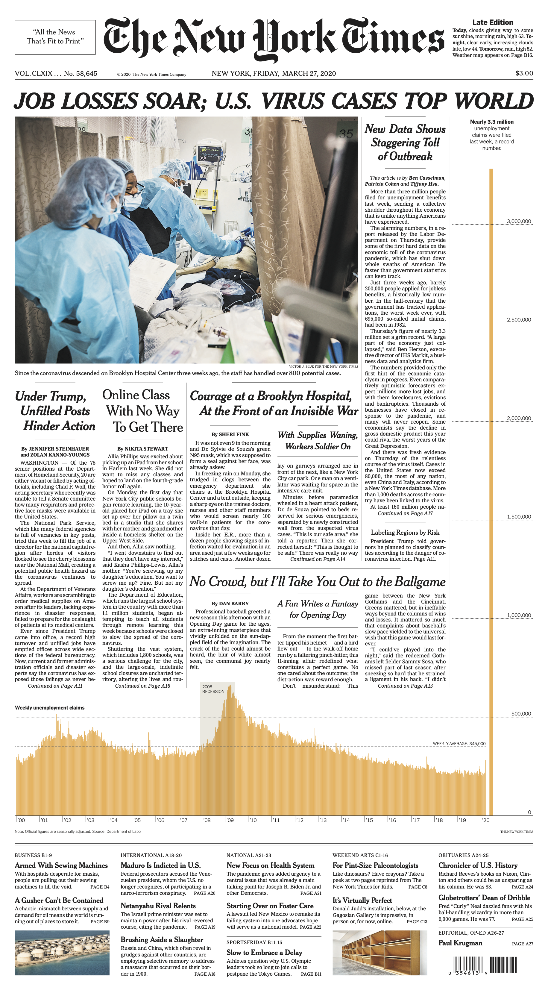 Az új munkanélküliek grafikonja a New York Times pénteki nyomtatott címlapján