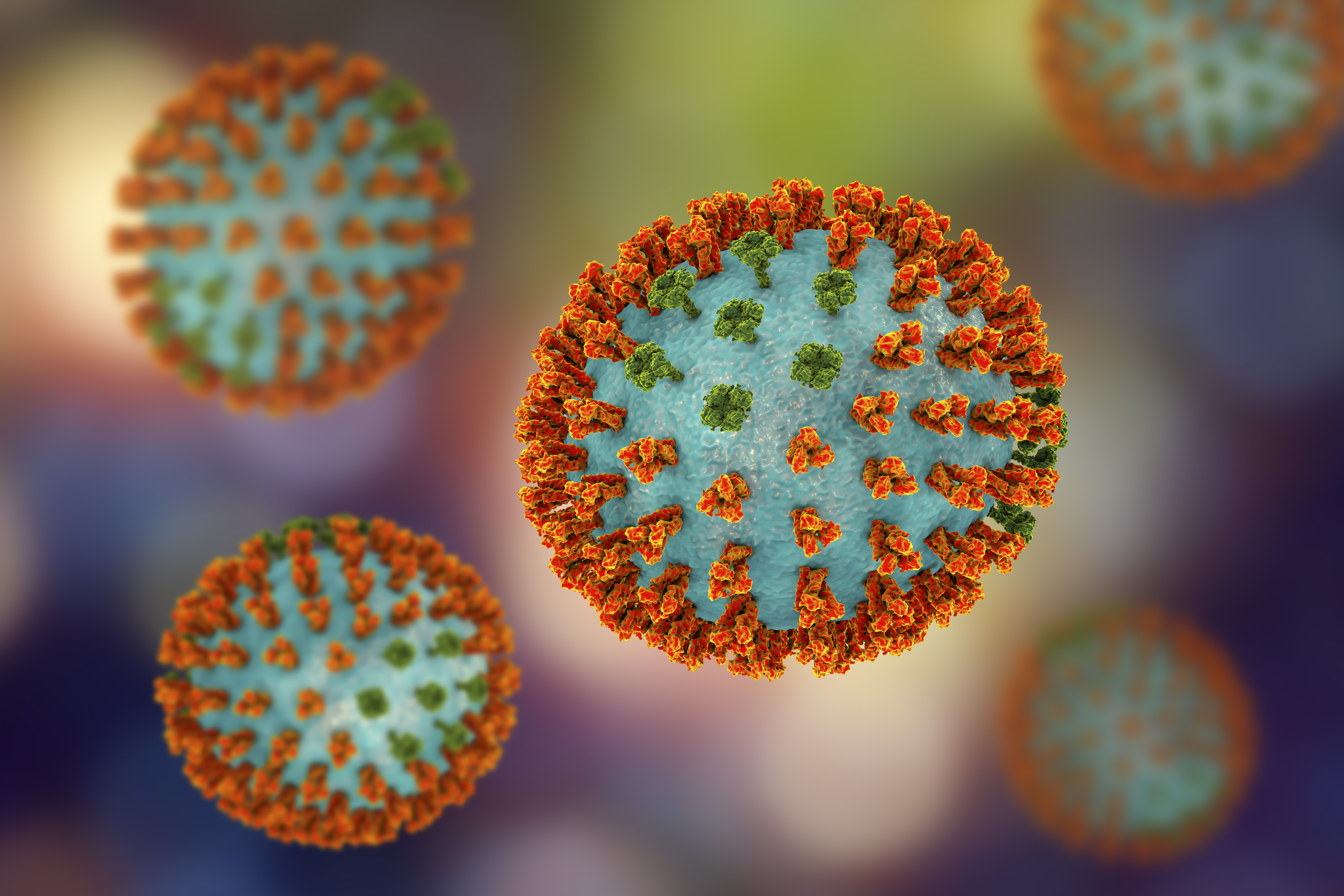 A H3N2 3D modellje a felszínét borító, narancssárgára színezett hemagglutinin és zöldre színezett neuroaminidáz glükofehérje-tüskékkel. A hemagglutinin tüskék révén csatlakozik a vírus az emberek légúti sejtjeihez, a neuroaminidáz pedig az újonnan termelt vírusrészecskék kibocsátásában játszik szerepet.