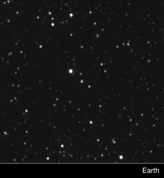 A Proxima Centauri látszólagos elmozdulása a Földről és a New Horizons perspektívájából készült felvételeken.
