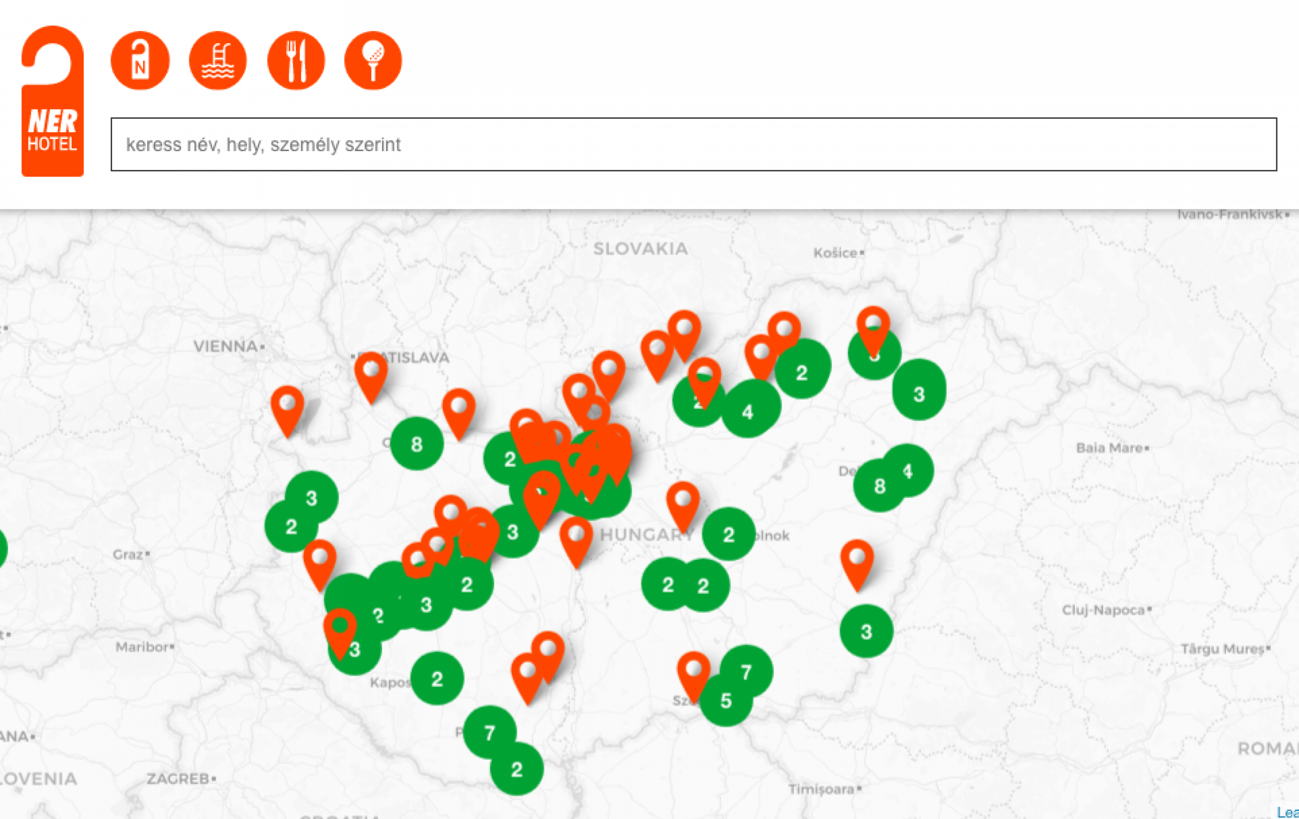 NERközeli vendéglátóhelyek és hotelek a KMonitor térképes adatbázisán