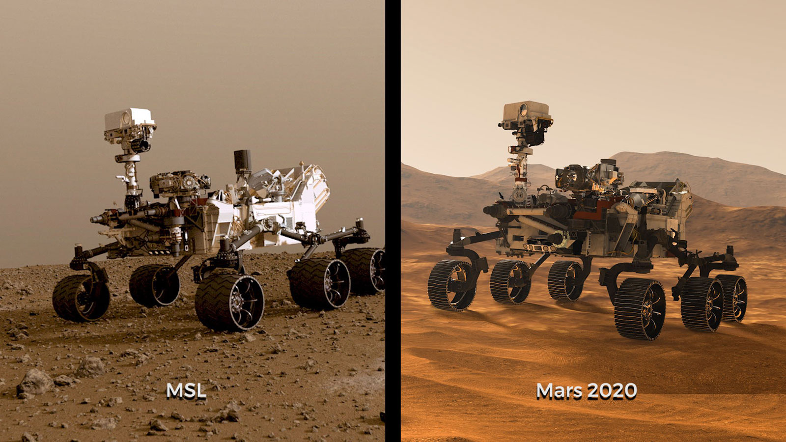 Első ránézésre nem könnyű megkülönböztetni a Curiosity (balra) és az új Perseverance (jobbra) marsjárót.