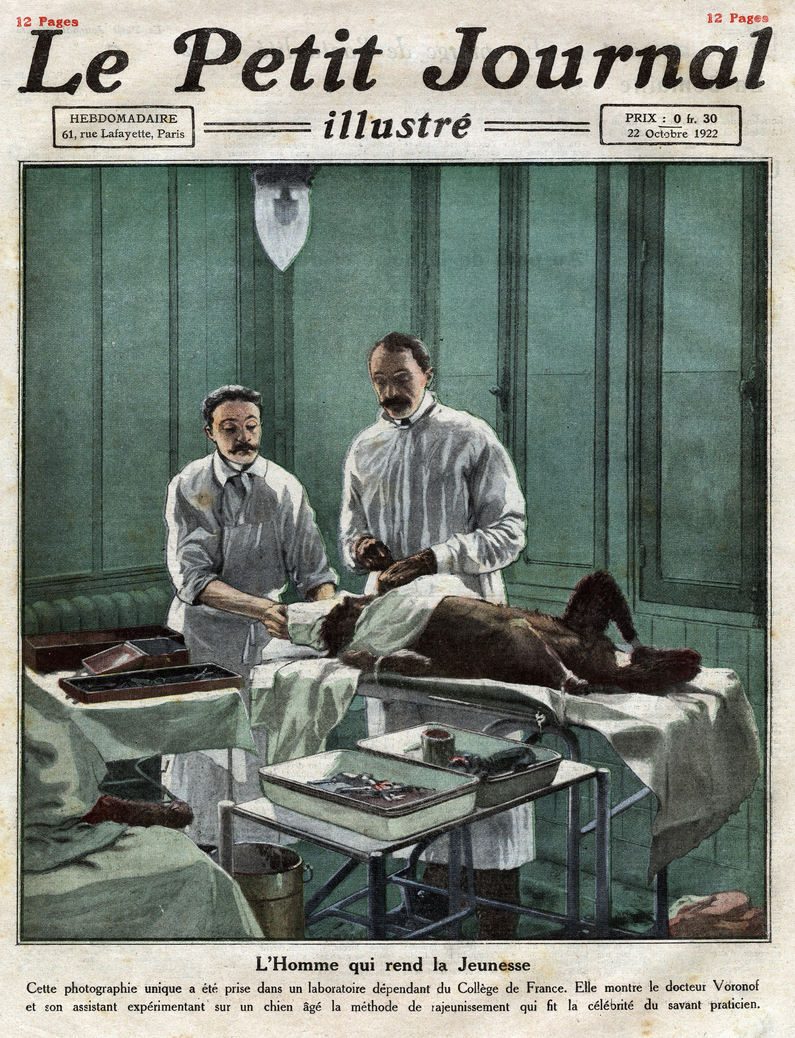 Serge Voronoff fiatalító műtétjének illusztrációja a Le Petit Journal címlapján