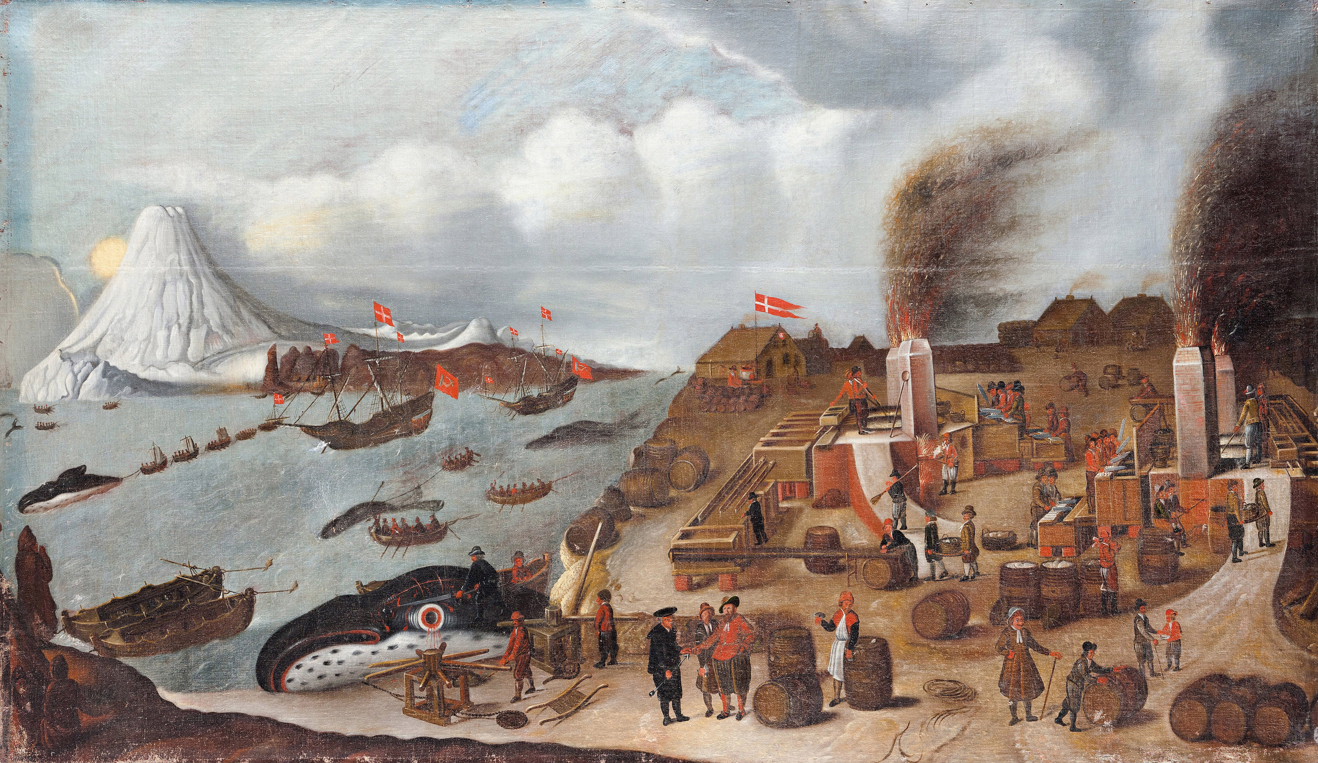 Dán bálnaolaj-termelő állomás a jeges-tengeri Spitzbergák egyik szigetén (Abraham Speeck festménye, 1634)