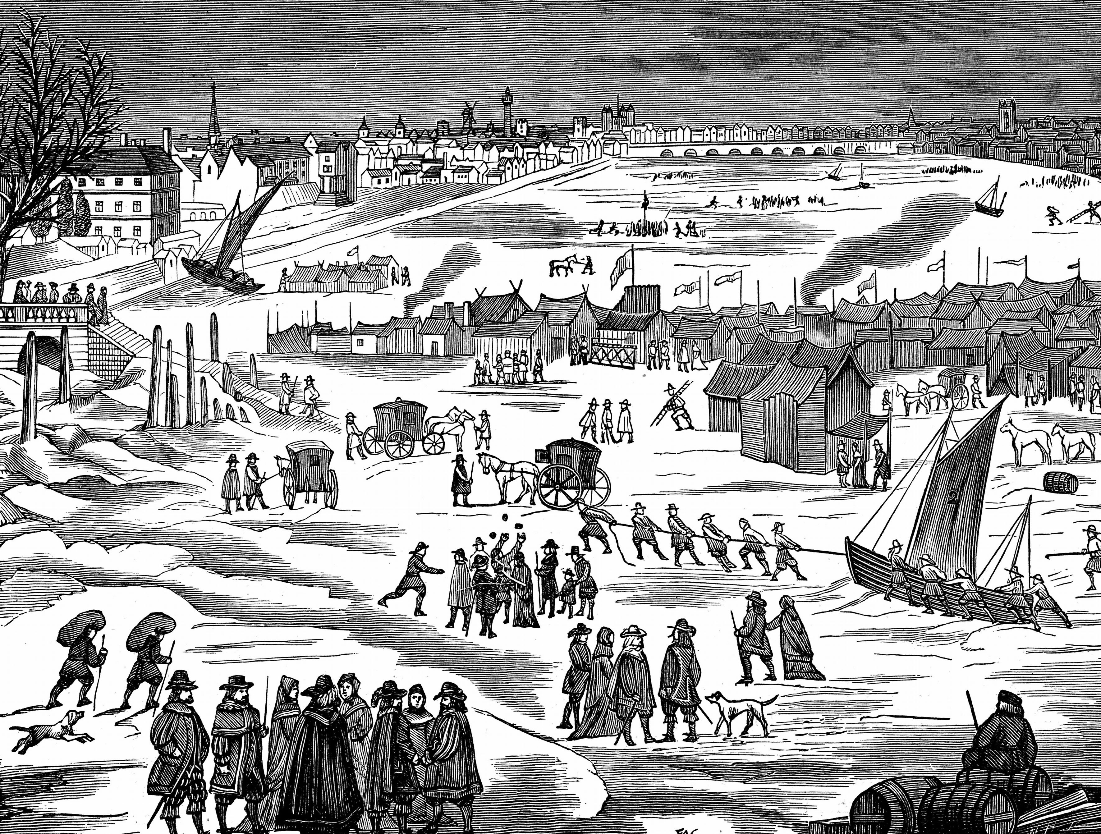 Korabeli metszet a befagyott Temze jegén tartott londoni vásárról, 1683