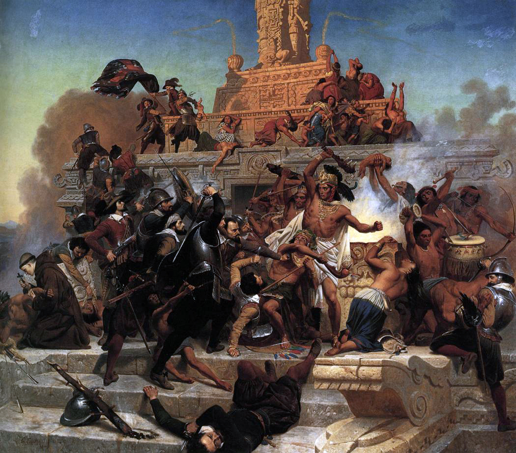 Cortez és serege lerohan egy azték templomot (Emanuel Leutze 1848-as festménye)