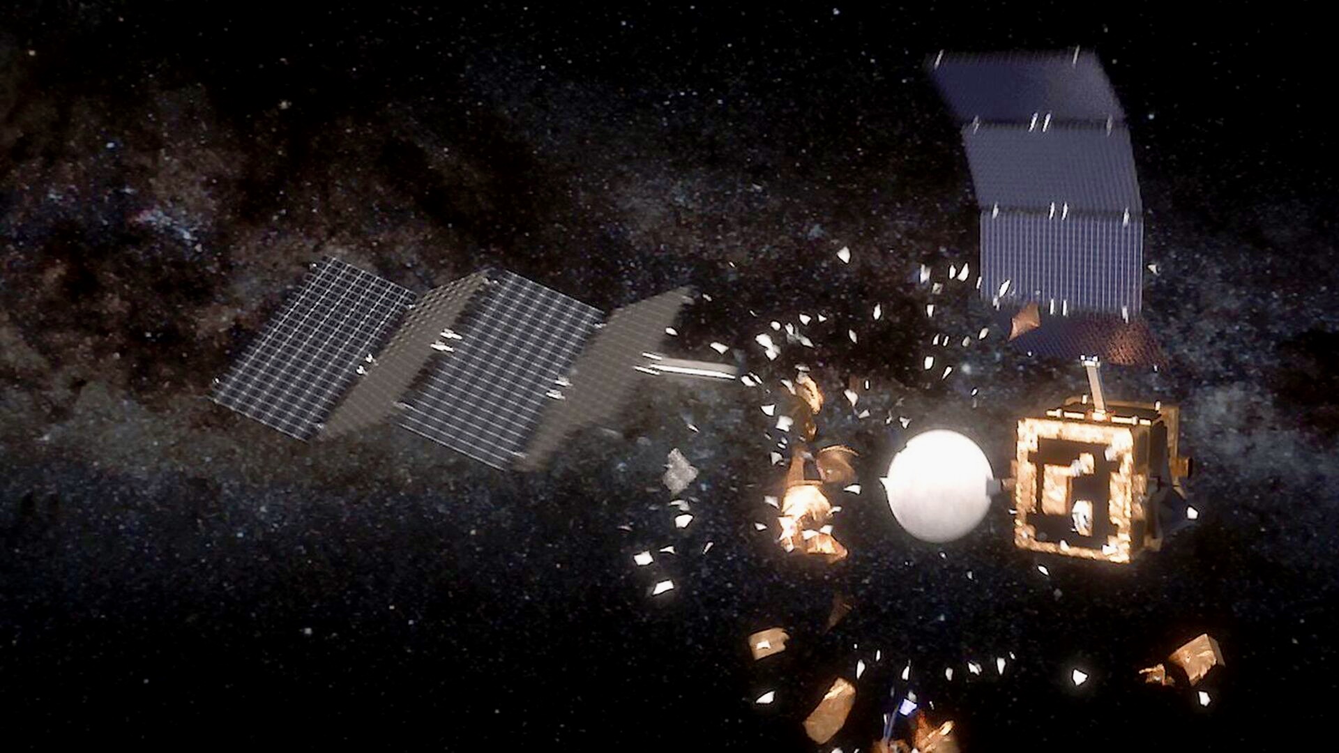Animáció egy műhold ütközéséről, ahogy az Európai Űrügynökségnél elképzelik.