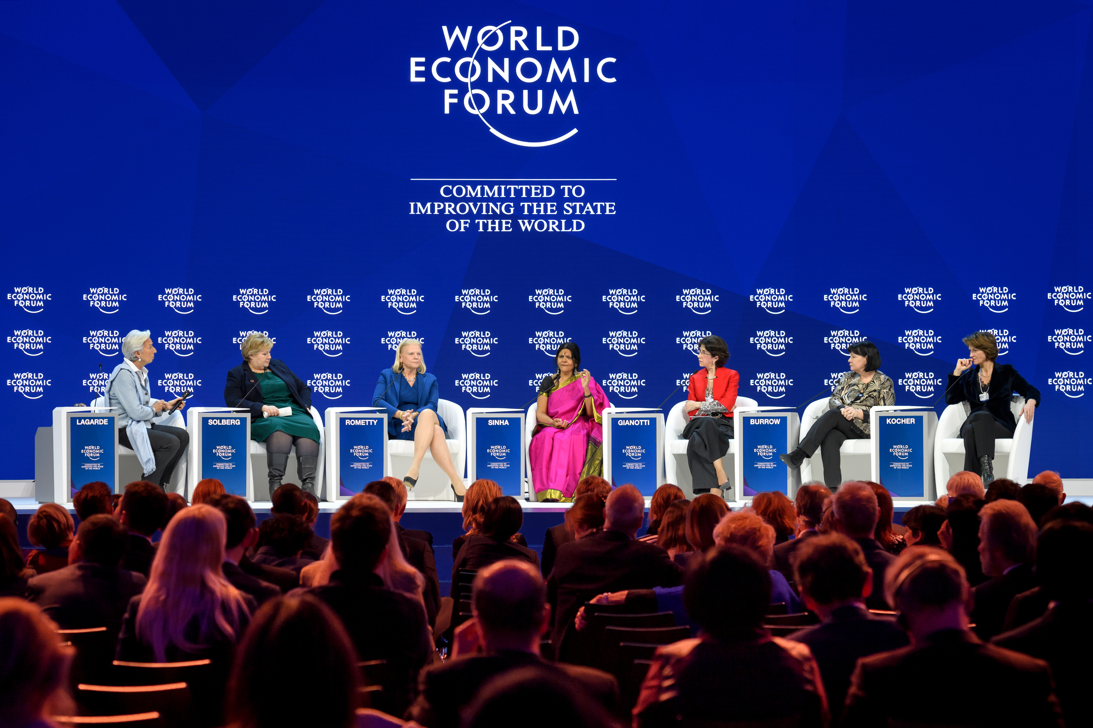 Az International Trade Union Confederation főtitkára, Sharan Burrow (jobbról a második) a davosi Világgazdasági Fórumon 2018-ban, többek között az IMF vezetője, Christine Lagarde, illetve a norvég miniszterelnök, Erna Solberg társaságában