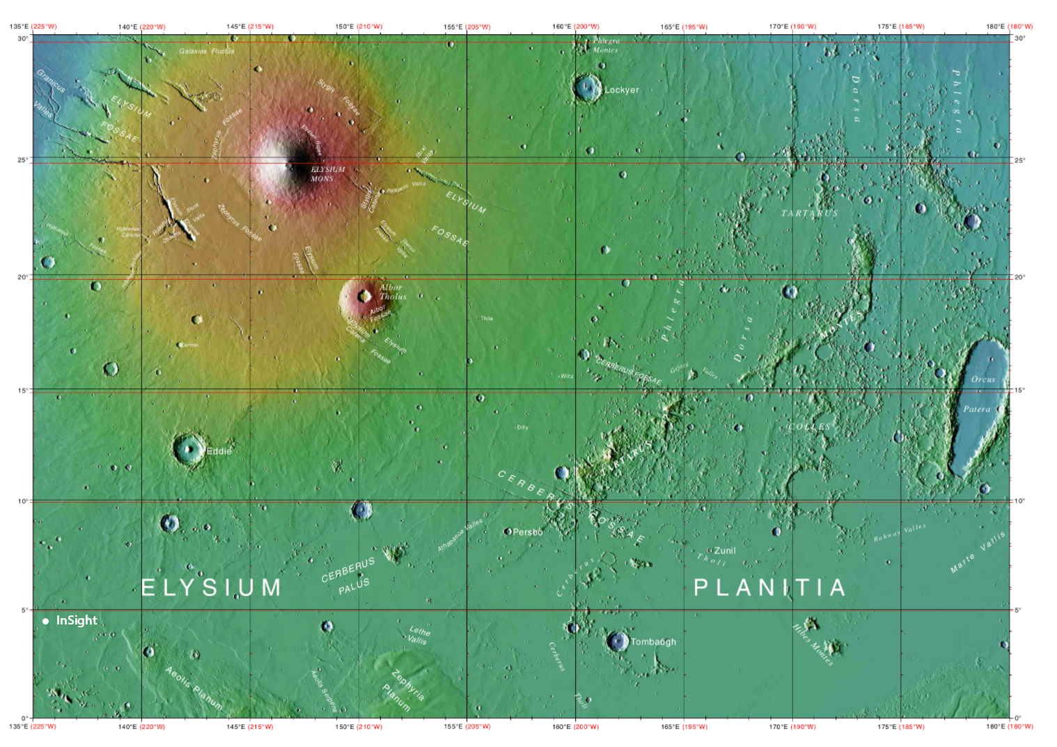 A Mars Elysium régiójának magasság szerint színezett térképe. Északon az Elysium Mons vulkán magasodik, tőle dél nyugatra pedig a Cerberus Fossae tektonikus-vulkáni hasadékvölgy. A NASA InSight-űrszondája a térkép bal alsó sarkában landolt, az Elysium Planitia síkságon.