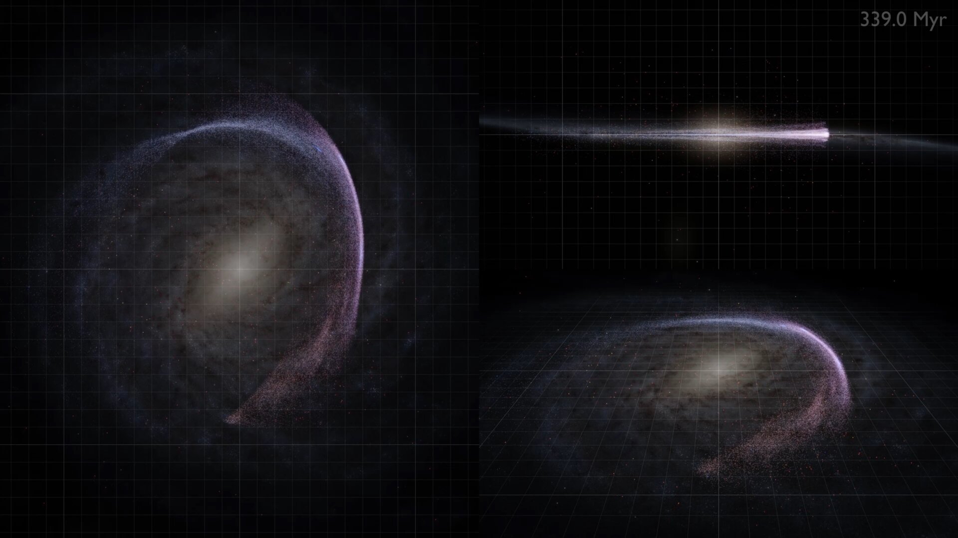 Pillanatkép a videóból (itt megtekinthető), amelyben 75 ezer csillagszomszédunk keringését szimulálták a következő 500 millió évre, három különböző szemszögből