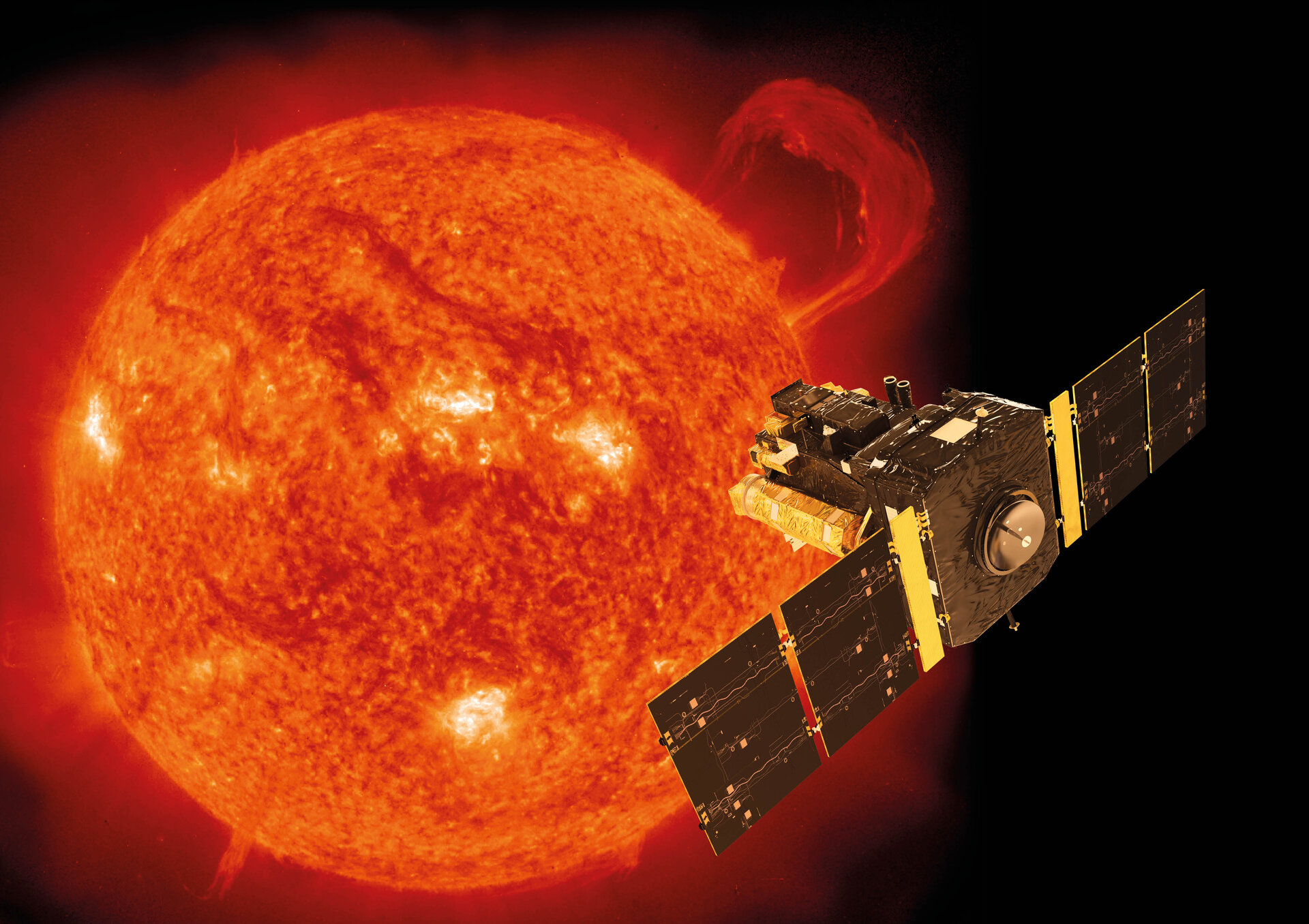 A SOHO fantáziarajza, rajta a szonda által még 1999-ben a Napról készített felvétellel. A SOHO a valóságban sokkal távolabb van a Naptól, mint ahogy ez az illusztráció sugallja.