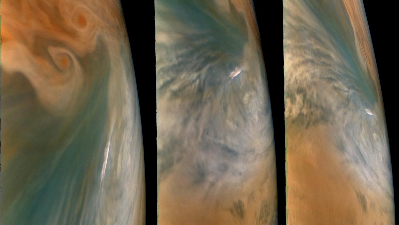 A felhőzettől mentes forró pontok a Juno-űrszonda felvételein.