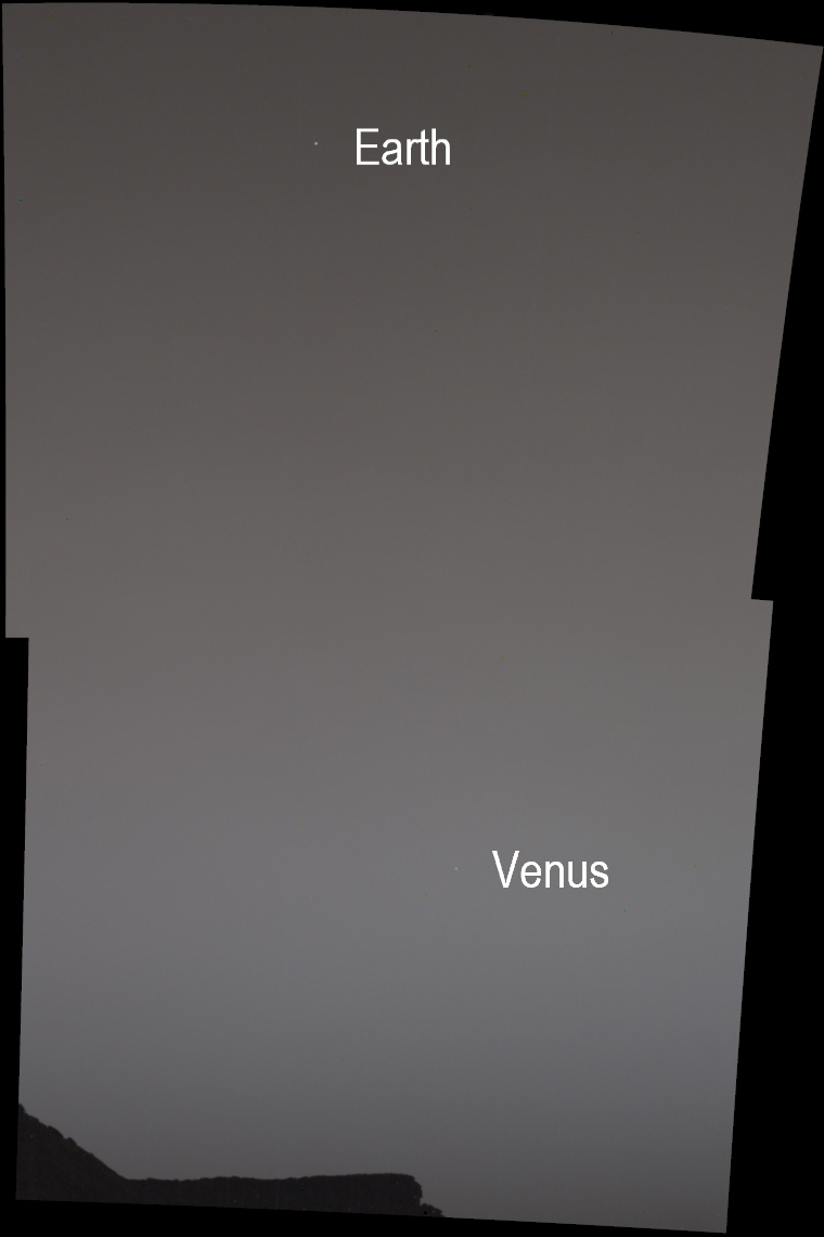 A Föld és a Vénusz a marsi égbolton a Curiosity által 2020. júniusában készített felvételen.