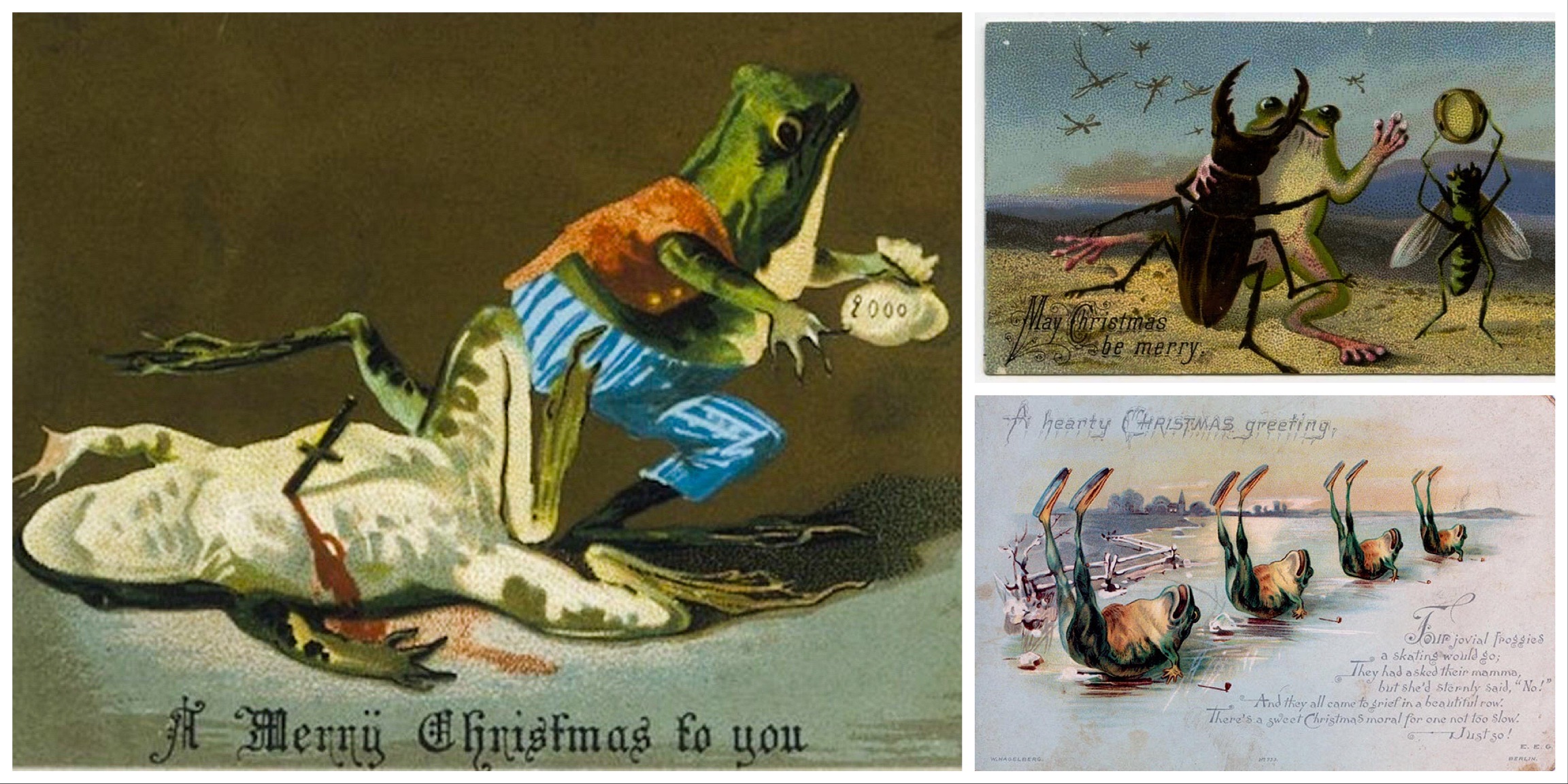 A XIX. századi Anglia előkelő köreiben biztos ismerték a kontextust, amitől egy szíven szúrt béka képe nem számított irtózatosan sértő karácsonyi üdvözletnek. De próbáljon meg ezekről a képekről valaki a karácsonyra asszociálni!