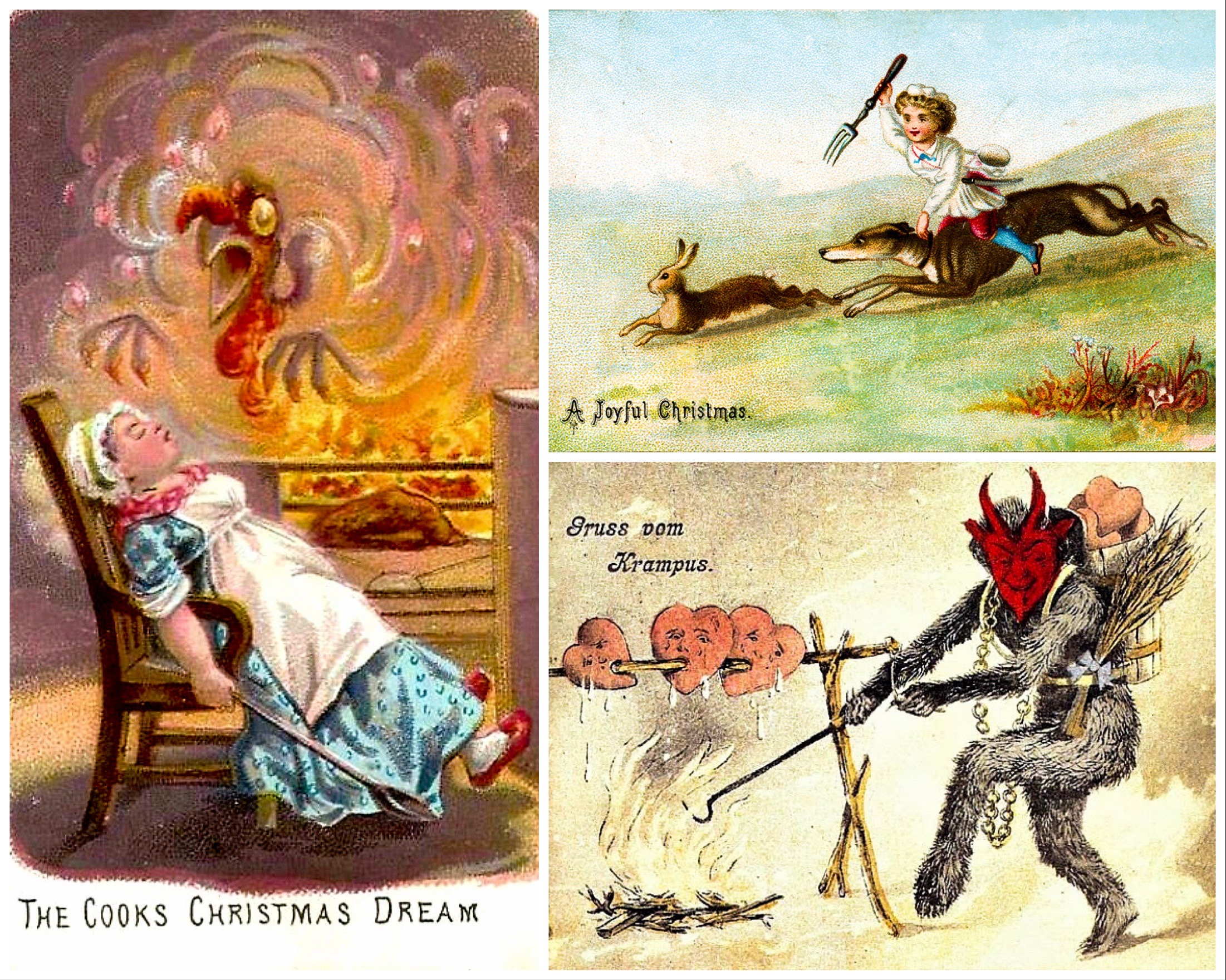 A karácsony a nagy zabálások időszaka. Így volt ez a viktoriánus kor Angliájában is, csak a korabeli képeslapok tanúsága szerint a karácsonyi menü alapanyagai, beszerzése, ábrázolása és elkészítése még más normák szerint zajlott, mint manapság.