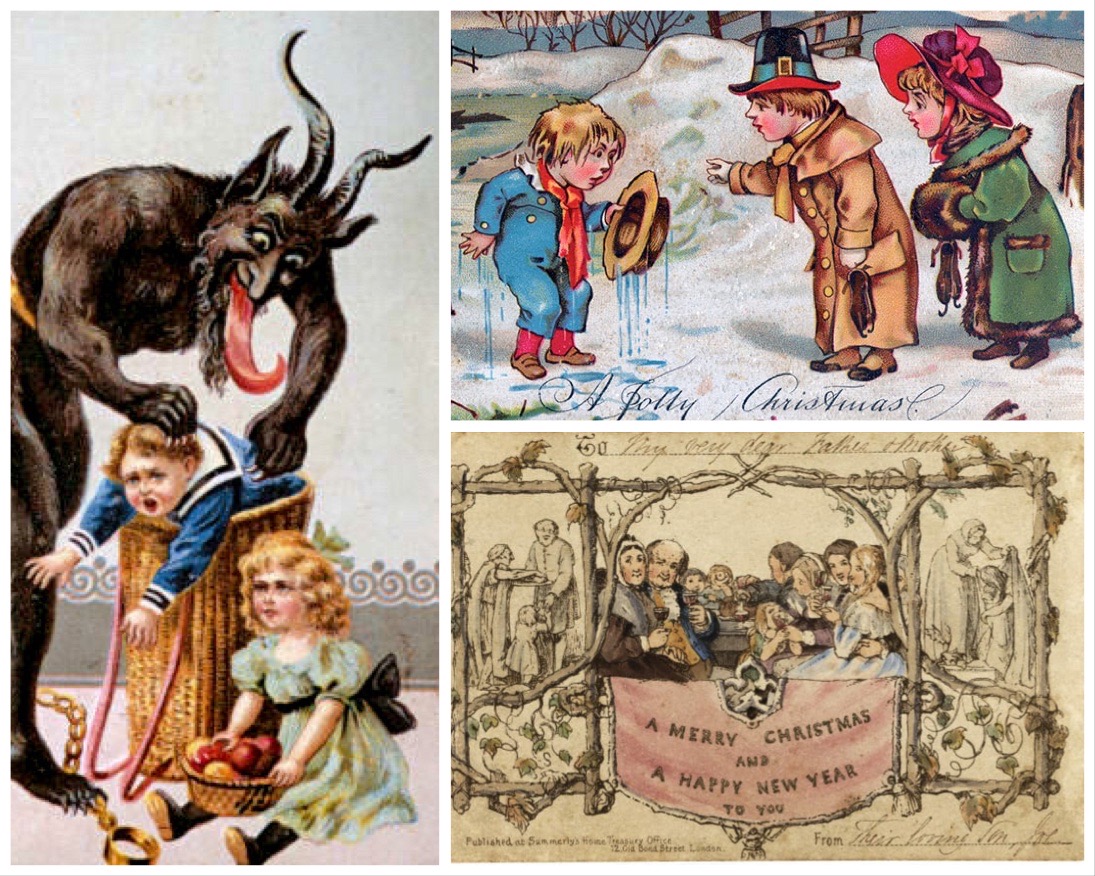 Ha korlenyomatként kezelnénk a képeslapokat, azt gondolhatnánk, hogy 150 éve szörnyű lehetett gyereknek lenni: ezen a kollázson egyszerre láthatjuk a gyerekrabló, Sátánnak maszkírozott krampuszt, a Camden-Town-i Nemecsek Ernőt egy jeges fürdő után, illetve az első karácsonyi lap alkoholizáló fiataljait.