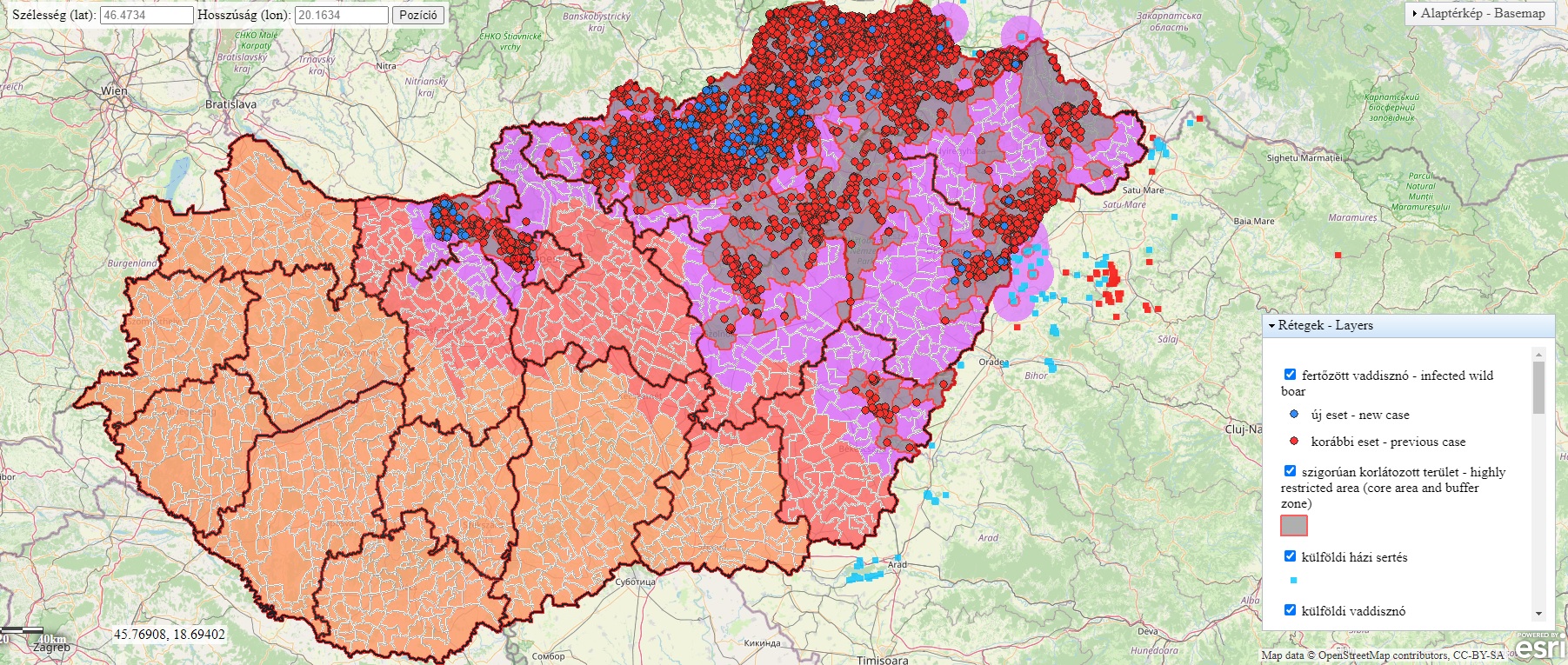 A Nébih sertéspestistérképe: lilával a szigorúan korlátozott területek, bennük a piros vonallal határolt magterületek a járványgócok