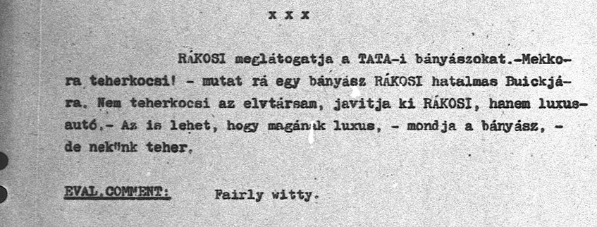 „A legújabb budapesti viccek Rákosiról” című 1951-es Interjúkivonat részlete.