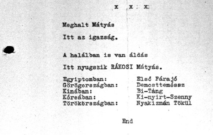 „Sírfelirat Rákosinak (Vicc)” című 1956-os Interjúkivonat részlete.